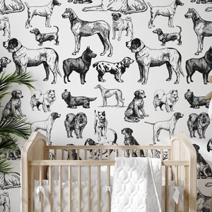 Dog Wallpaper in Black and White Hand Drawn Illustration, Dogs Wall Mural