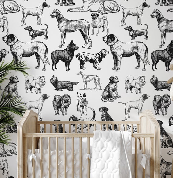 Dog Wallpaper in Black and White Hand Drawn Illustration, Dogs Wall Mural