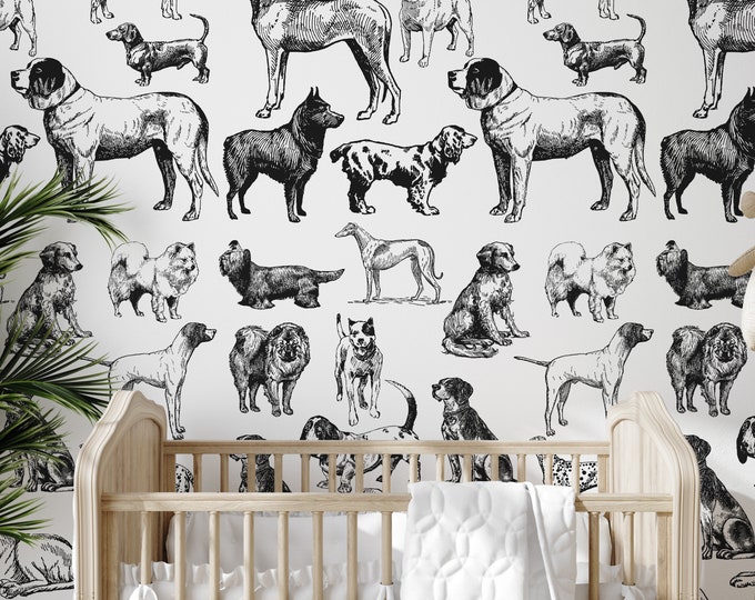 Dog Wallpaper in Black and White Hand Drawn Illustration, Dogs Wall Mural