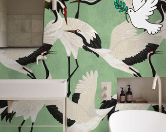 Groene reigers behang, luxe behang met vintage Aziatische kraanvogels, eigentijds design wanddecoratie verwijderbaar behang