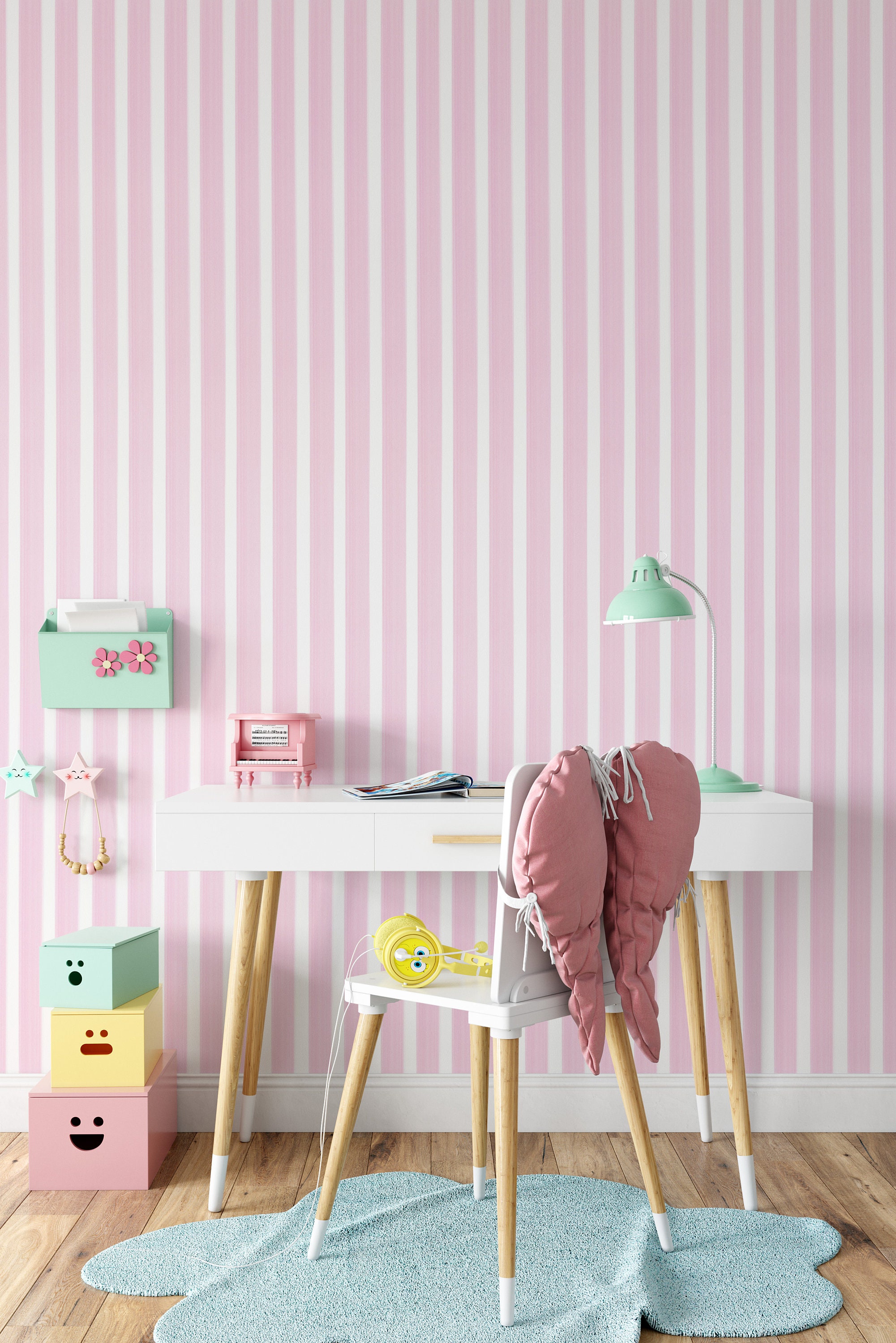 Papel pintado rayas beige y rosa, elegante con acento romántico