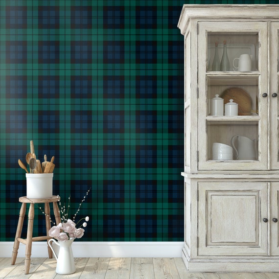 Green Gingham Vintage Plaid Texture Wallpaper, Black and White Plaid Country Decor, Checked Gingham Wall Art