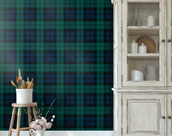 Green Gingham Vintage Plaid Texture Wallpaper, Black and White Plaid Country Decor, Checked Gingham Wall Art