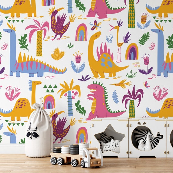 Watercolor Dinosaur Kids wallpaper, Baby Boy Room colorful dino for Kids Decor