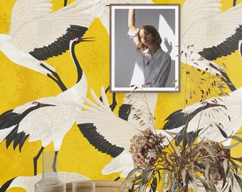 Japanese White Heron Wallpaper - Graceful and Radiant Design on Golden Yellow Background, Golden Heron Japanese Print Wallpaper