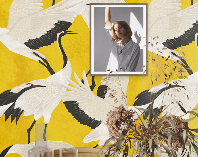Japanese White Heron Wallpaper - Graceful and Radiant Design on Golden Yellow Background, Golden Heron Japanese Print Wallpaper