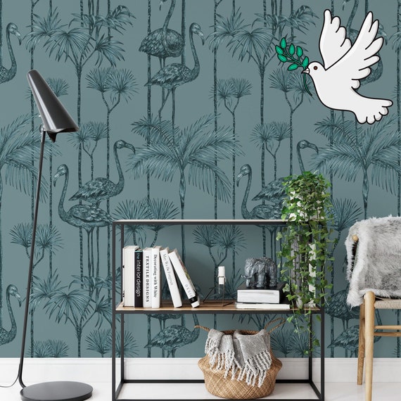 Blue Flamingo Wallpaper, Tropical Birds Vintage Wallpaper, Dramatic Wall Covering