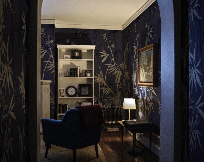 Blue Bamboo Wallpaper Mural, Large Asian Botanical Wall Art with Birds, Tropical Nature Decor