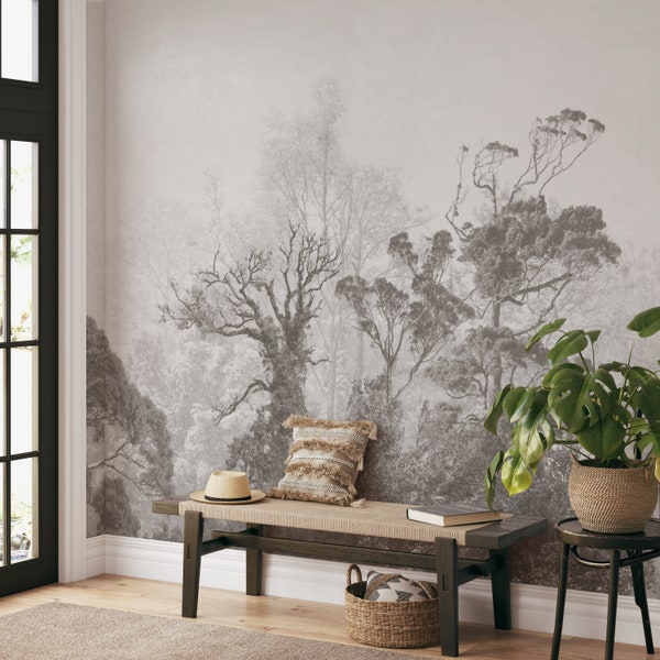 Extra Large Vintage Forest Wallpaper, Landscape in Classic Old Style Trees Wallpaper, Sepia Forest Wall Mural