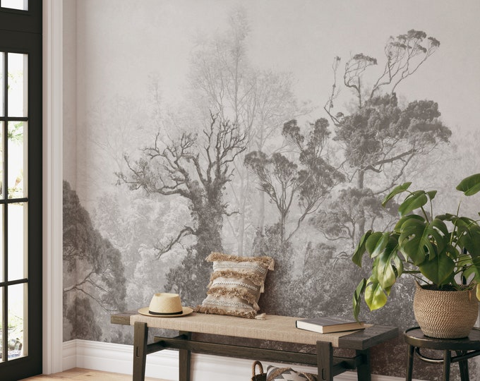 Extra Large Vintage Forest Wallpaper, Landscape in Classic Old Style Trees Wallpaper, Sepia Forest Wall Mural