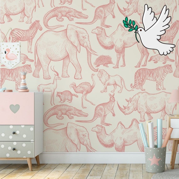 Wild Animals Pink Wallpaper, Lion Elephant Giraffe Watercolor animal Nursery Wall Decor