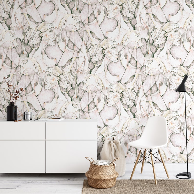 Puede incluir: Papel tapiz abstracto con un patr&oacute;n repetitivo de caras superpuestas en tonos de rosa, blanco y verde. Las caras est&aacute;n dibujadas en un estilo minimalista con l&iacute;neas finas y sombreado sutil.