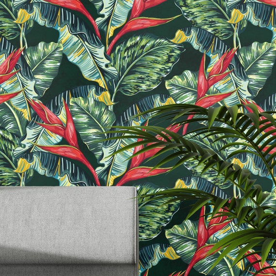 Tropical Leaf Wallpaper - Vibrant Red Heliconia Design, Exotic Jungle Decor for Modern Interiors & Home Refresh