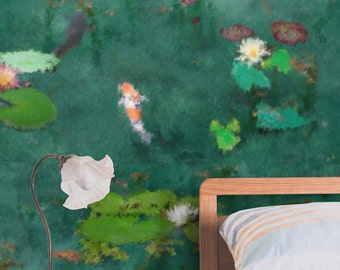 Impressionist Art Watercolor Wallpaper, Artistic Boho Chic Wall Art with Lotus, Waterlily Oil Painting