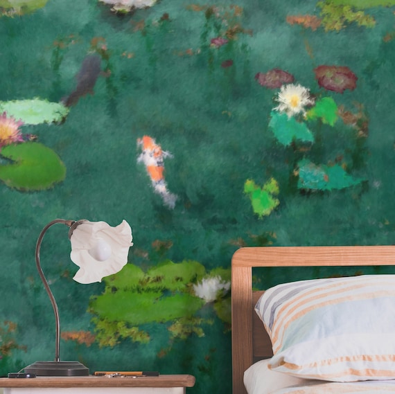 Impressionist Art Watercolor Wallpaper, Artistic Boho Chic Wall Art with Lotus, Waterlily Oil Painting