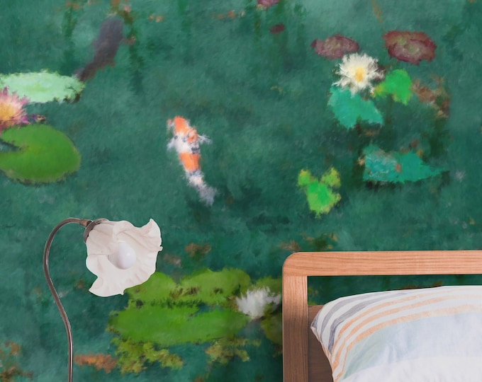 Impressionist Art Watercolor Wallpaper, Artistic Boho Chic Wall Art with Lotus, Waterlily Oil Painting
