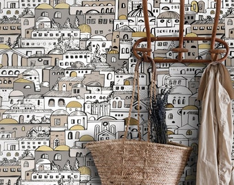 Vintage Mediterranean Cityscape Wallpaper by WALLPAPERS4BEGINNERS, Black and White Living Room Decor, Vintage Print for Hallway Wall