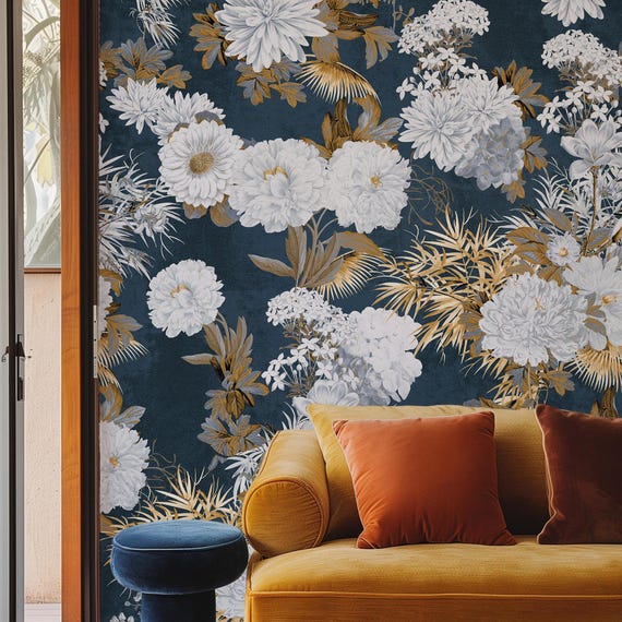 Luxury Blue & Gold Floral Wallpaper | Large Chrysanthemums and Peonies | Classic Botanical Elegance for Glamorous Interiors