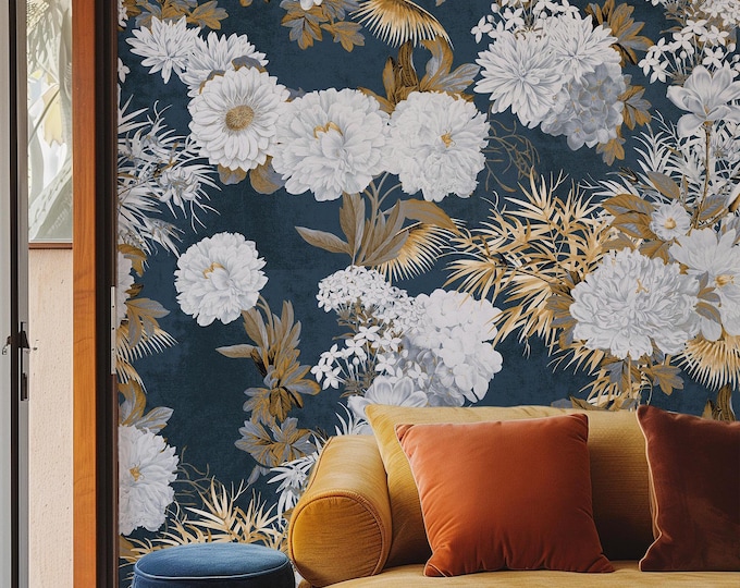Luxury Blue & Gold Floral Wallpaper | Large Chrysanthemums and Peonies | Classic Botanical Elegance for Glamorous Interiors