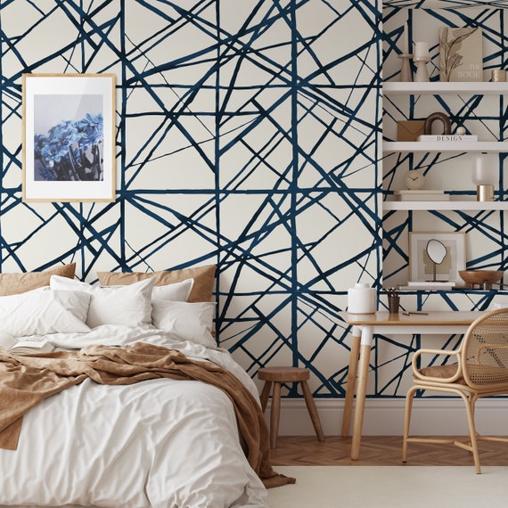 Blue and White Modern Wallpaper, Abstract Line Wall Mural, Geometric Stripes Minimal Wall Art