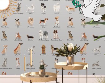 Watercolor Dog Wallpaper, Dogs Breeds Print Pet Lover Wall Art with Cute Doggie, Watercolor Dog Breeds Wallpaper