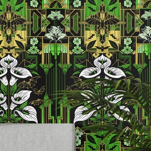 Carta da Parati Art Deco Gotica - Design di Pipistrelli e Fiori in Verde e Nero