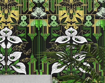 Sophisticated Gothic Art Deco Wallpaper with Floral Design, 1920s Art Deco Green Wallpaper