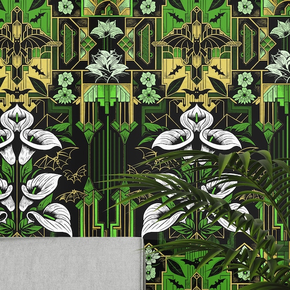 Sophisticated Gothic Art Deco Wallpaper with Floral Design, 1920s Art Deco Green Wallpaper