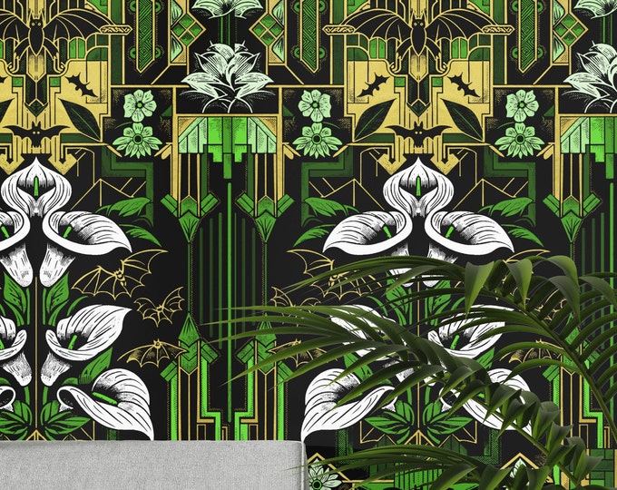 Sophisticated Gothic Art Deco Wallpaper with Floral Design, 1920s Art Deco Green Wallpaper