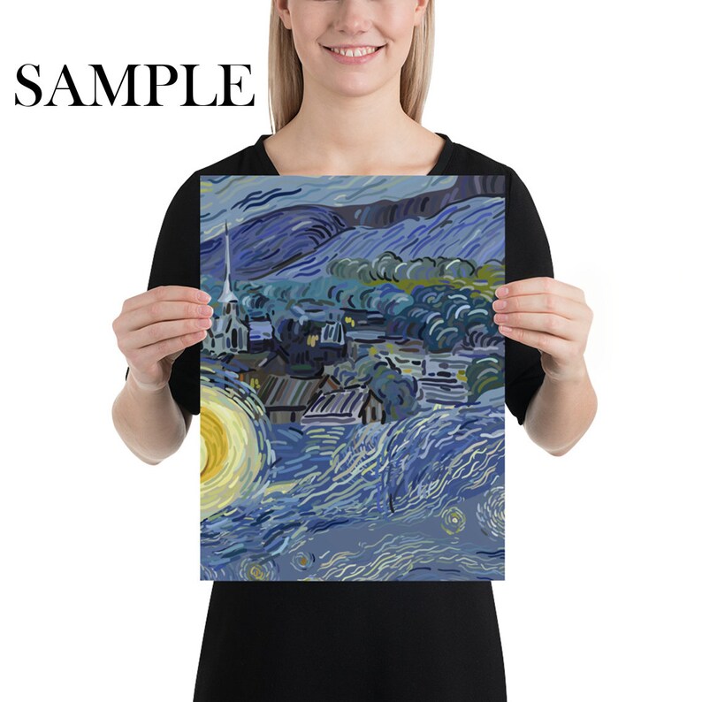 May include: A painting of a starry night sky over a small town. The sky is a deep blue with swirling clouds and stars. The town is lit by a few yellow lights. The painting is done in a style reminiscent of Vincent van Gogh.