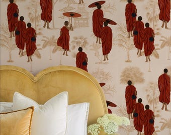 Buddhist Monks Aesthetic Wallpaper, Chinoiserie Buddha Wall Decor, Spiritual Beige Art Print for Meditation Room