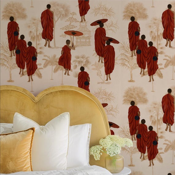 Buddhist Monks Aesthetic Wallpaper, Chinoiserie Buddha Wall Decor, Spiritual Beige Art Print for Meditation Room