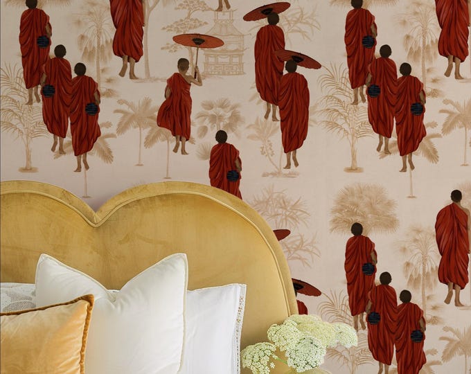 Buddhist Monks Aesthetic Wallpaper, Chinoiserie Buddha Wall Decor, Spiritual Beige Art Print for Meditation Room