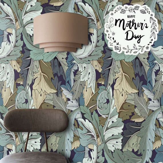 Art Nouveau Victorian Wallpaper with Floral Damask for Wall Decore, Blue and Green Foliage Pattern for a Accent Wall