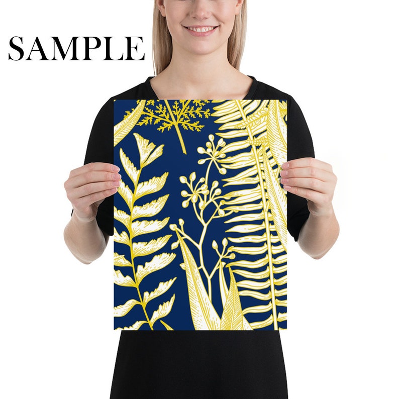 May include: A navy blue background with a repeating pattern of gold leaf ferns and flowers.