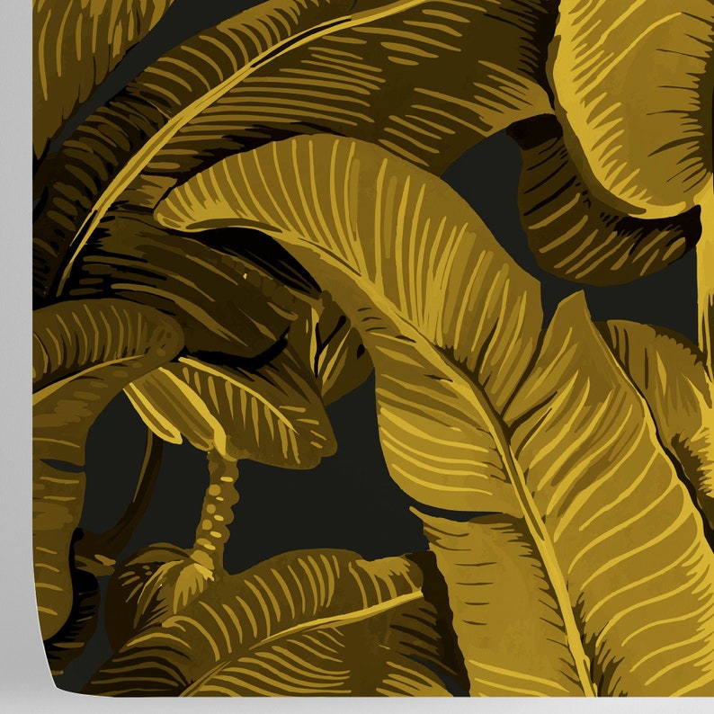 Gold Banana Leaf Wallpaper on Dark Gray Background for Etsy Canada