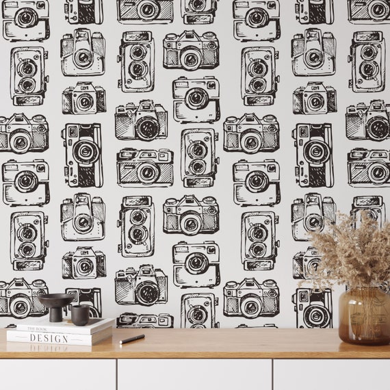 Retro Cameras Vintage Wallpaper, Tape Camera Wall Decor in Black and White