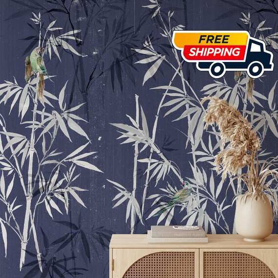 Dark Bamboo Forest Chinoiserie Wallpaper, Asian Decor with Parrots, Japanese wall art, Japandi Oriental Wall Decor