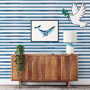 Watercolor Stripes Blue Wallpaper, Blue and White watercolor wall art for nursery decor