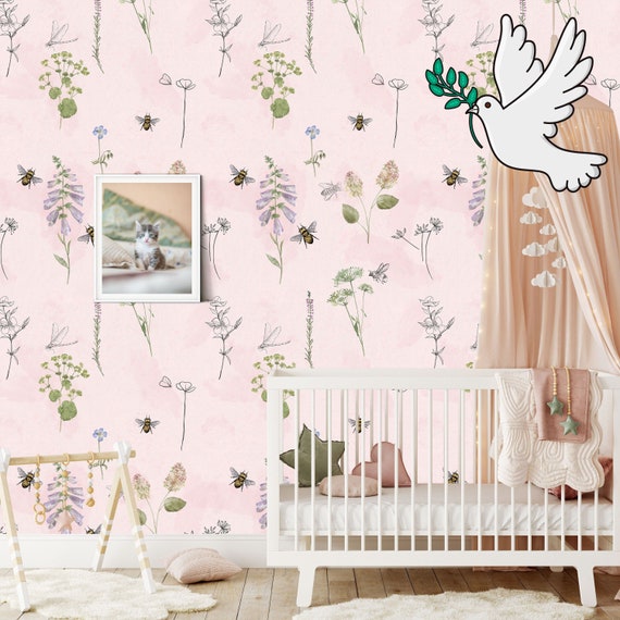 Blush Pink Watercolor Meadow Wallpaper, Jolie Floral Soft Color Nursery Wall Decor, Bee Girls Room Pastel Wall Art