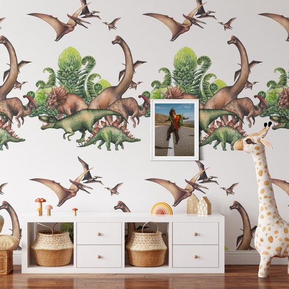 Dinosaur Theme Wall Mural, White and Green Dino Watercolor Nursery Wallpaper