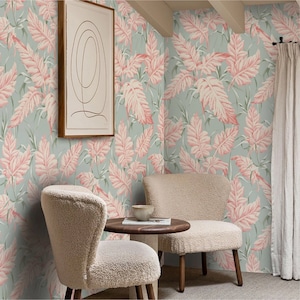 Carta da parati Foglie Rosa, Arte da parete foglie tropicali con sfondo azzurro