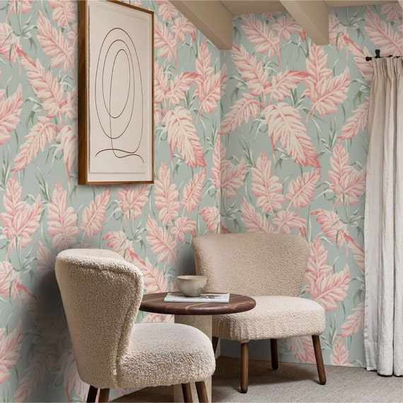 Danish Pastel Boho Wallpaper for Bedroom Decor, Tropical Aesthetic Wall Art with blush pink pale