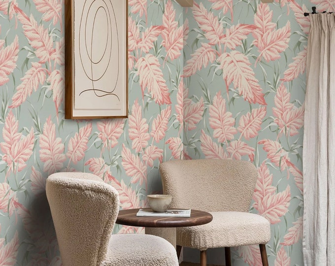 Danish Pastel Boho Wallpaper for Bedroom Decor, Tropical Aesthetic Wall Art with blush pink pale