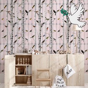 Vintage Birds Wallpaper with Hand drawn Birds in cages, Birch Tree Wallpaper