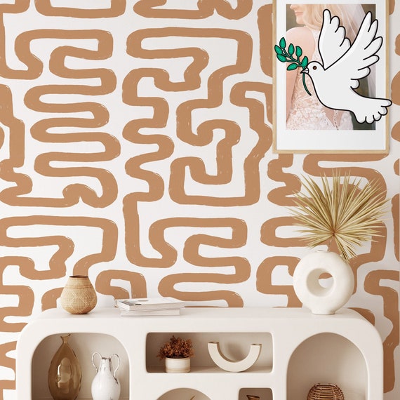 Hazelnut and White Neutral Tones Labyrinth Pattern Boho Wallpaper, Metro Lines Wall Decor in Caffe Latte