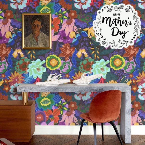 Papier peint floral funky scandinave foncé, art mural temporaire floral coloré, décoration de chambre indépendante fantaisiste