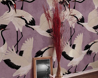 Japanese White Heron Wallpaper - Graceful Serenity on a Lilac Background, Lilac Pastel Chinoiserie Wall Art, Cute Purple Herons Wallpaper