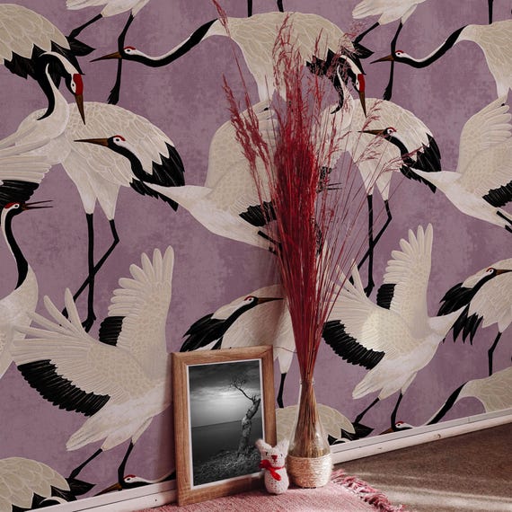 Japanese White Heron Wallpaper - Graceful Serenity on a Lilac Background, Lilac Pastel Chinoiserie Wall Art, Cute Purple Herons Wallpaper