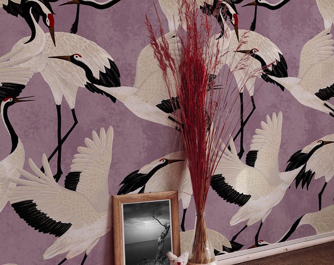 Japanese White Heron Wallpaper - Graceful Serenity on a Lilac Background, Lilac Pastel Chinoiserie Wall Art, Cute Purple Herons Wallpaper